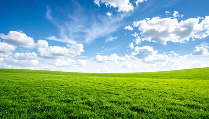 Fototapeta premium Lush Green Meadow Under a Vibrant Blue Sky with Fluffy White Clouds.