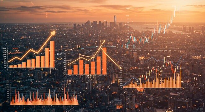 City growth trends with rising financial market data and urban skyline
