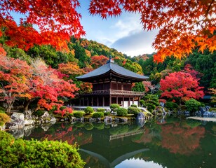 Autumn Japanese temple by a pond