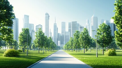 Fototapeta premium Urban park pathway lined with trees leading to a modern city skyline.