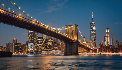 Fototapeta premium Brooklyn Bridge illuminated at night with skyline backdrop