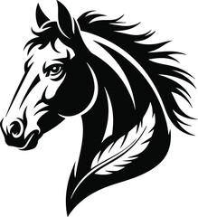 Elegant black horse head silhouette with feather detail, perfect for flyers and logos