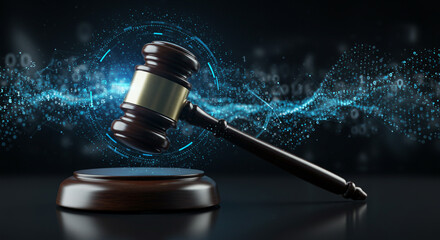 Gavel with glowing legal concept.
