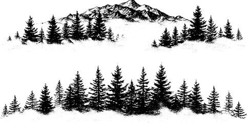 Engraved mountain landscape with pine forest and fog for artistic design