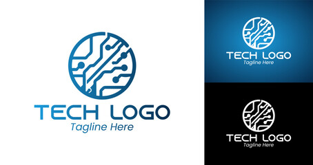 Professional and Innovative Tech Logo Featuring Electric Circuit and Power Icon in Blue and White
