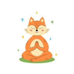 Peaceful fox meditating in a seated yoga pose with eyes closed and hands in a prayer position.