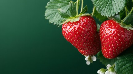 Fresh, ripe strawberries with vibrant red color and green leaves, showcasing natural beauty and freshness against a smooth green background, ideal for culinary and health-related themes