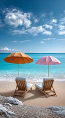 Obraz premium Two beach chairs under colorful umbrellas on a serene sandy shore, with gentle waves lapping at the coastline, creating a tranquil seaside atmosphere for relaxation and leisure