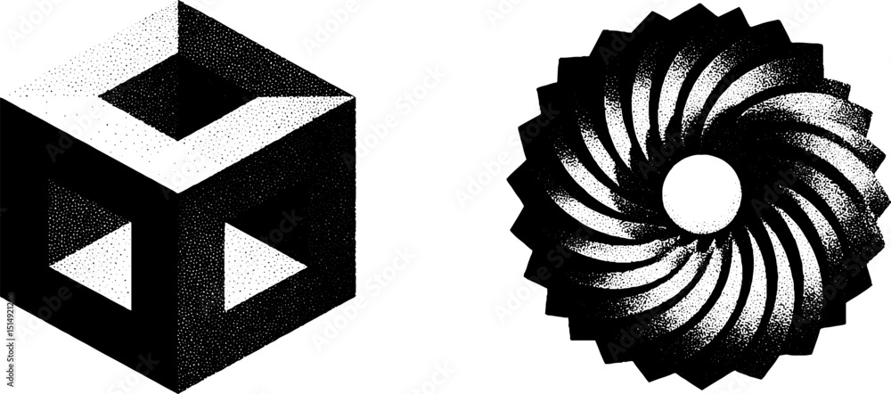 Poster engraved geometric cube and spiral set for design and print