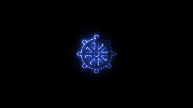 Neon Wooden ship steering wheel isolated on black background 4k animation
