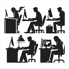 single parson office work on computers clean one  silhouettes  and Graphic, vector black color silhouette 