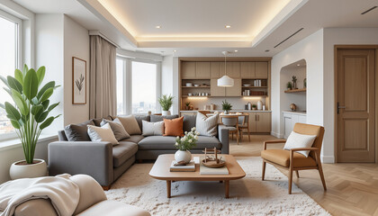 Fototapeta premium Modern living room with cozy furnishings and natural light