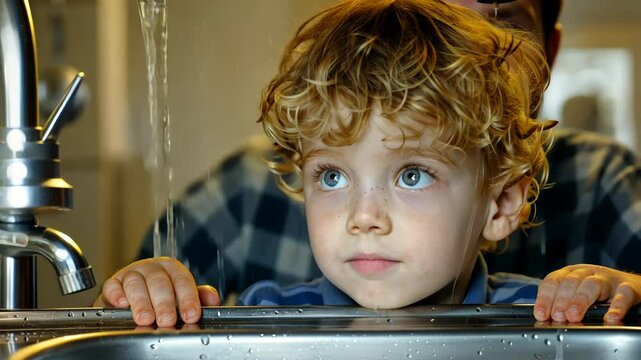 curious child watching dad repair shelf