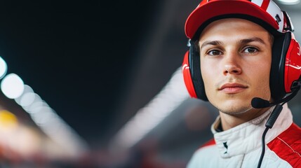 Young motorsport team member wearing a red headset and cap, focused at a racetrack during nighttime.