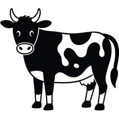 Cute Cartoon Cow Black and White Illustration