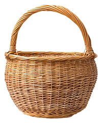 Wicker basket on transparent background. Commonly used for storage or transport.
