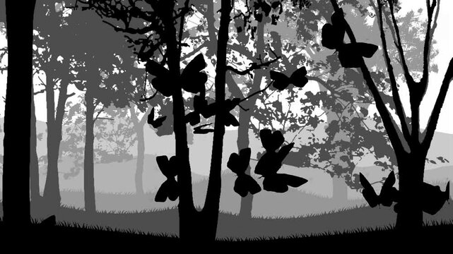 video illustration of butterfly silhouette in the forest with parallax effect