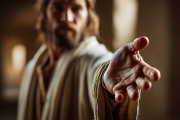 Close-up of Jesus Christ extending one hand forward in a gentle inviting gesture, as if saying 