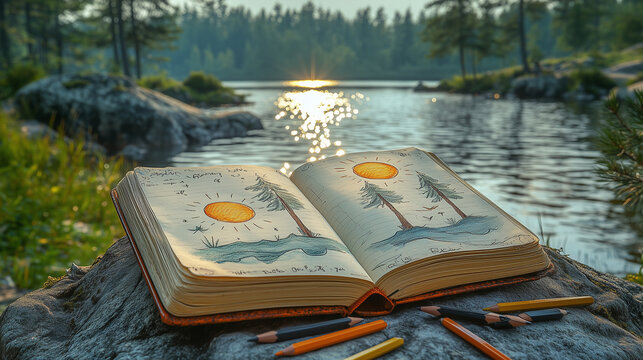 Colorfully drawn journal pages with sun and tree illustrations rest on a rock by a peaceful lake, surrounded by colored pencils and glowing reflections on the water at sunset