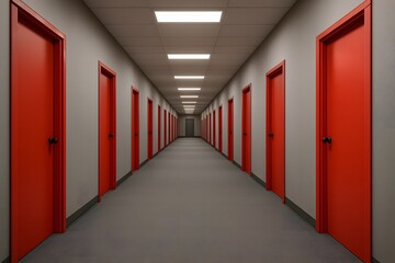 hallway with red doors