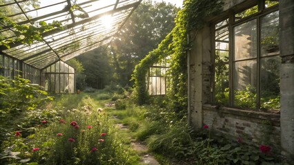 sunlit greenhouse ruin with overgrown garden