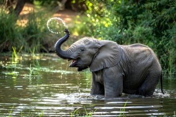 Obraz premium Playful baby elephant splashing in water