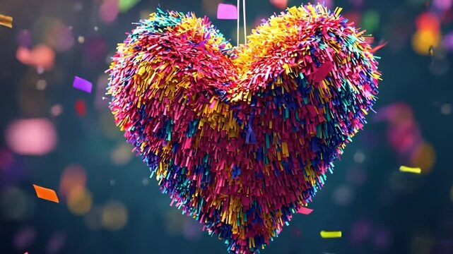 Colorful heart-shaped pi?ata hanging in a festive atmosphere with confetti falling around it