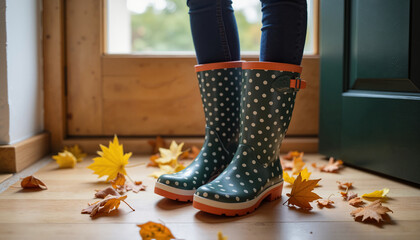 Woman standing in rain boots by doorway with autumn leaves  