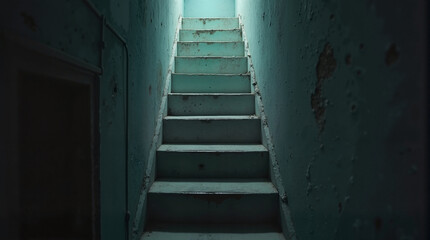 Fototapeta premium Staircase leading to illuminated exit in worn, textured hallway 