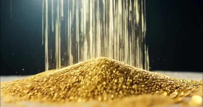 The camera dolly moves towards bitcoin coins breaking into sand, with key light emphasizing the golden particles as they float through the air