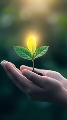 A hand nurturing a glowing green plant seedling.