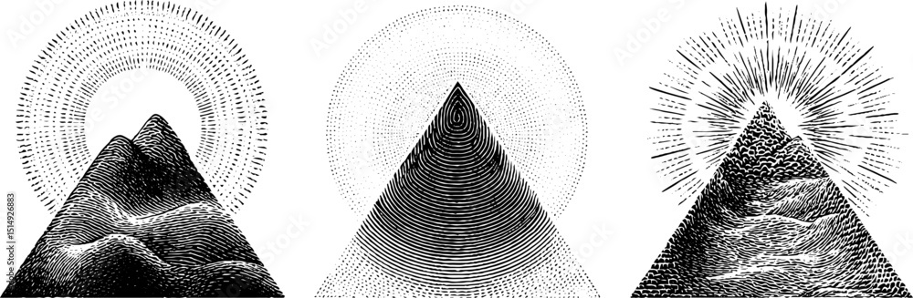 Poster engraved illustration set of artistic nested triangles with textured patterns