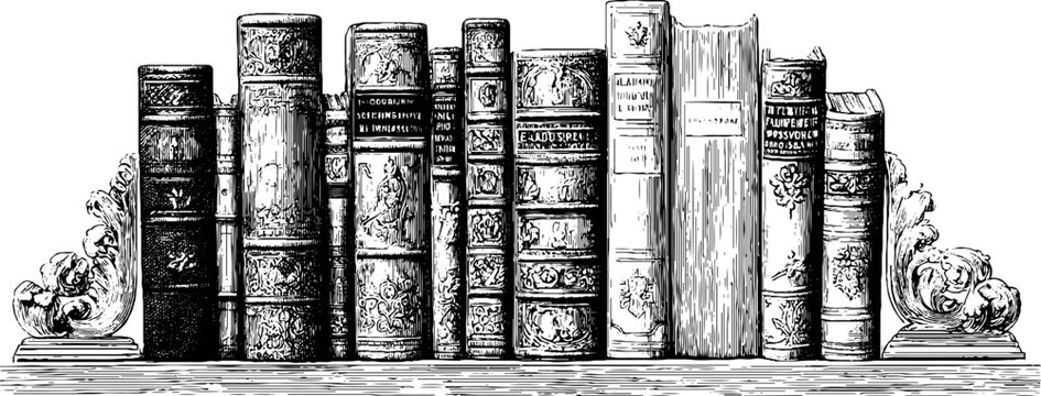 Vintage engraved bookshelf with classic literature and ornate book covers
