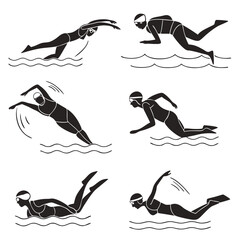 Six female swimmers in different strokes silhouettes