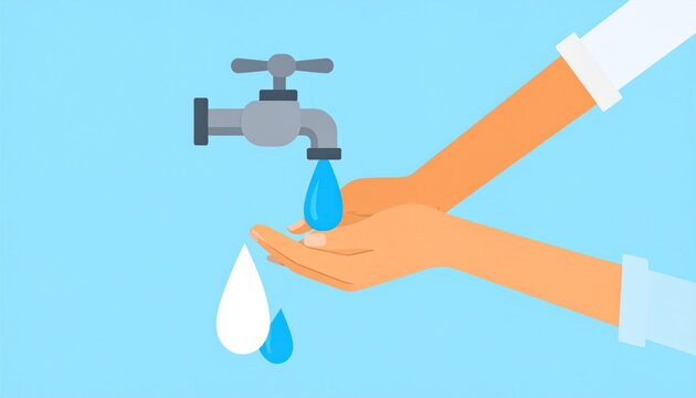 Illustration showing proper handwashing technique under a running faucet