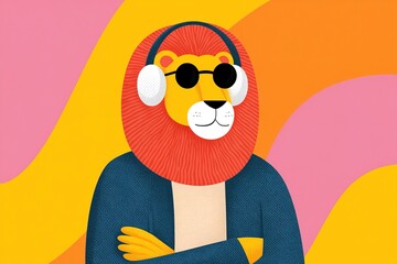 Fototapeta premium Cool lion in vibrant colors wearing sunglasses and headphones