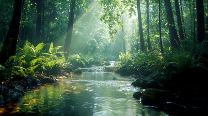 Obraz premium Bright Forest Stream with Sunlight Filtering Through Trees