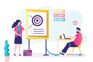 Businesswoman coaching with presentation to company male employee. Staff training. workshop to learn new skills, coaching, business course, presentation