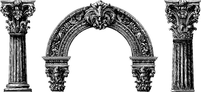 Vintage engraved ornate archway and columns set for architectural design and decoration