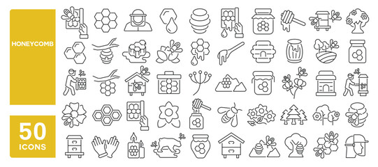 Plakat Set of 50 line icons related to honeycomb, honey, beekeeper, wax, beekeeping, bumble, bee hive, apiary, apiculture, Editable stroke. Vector illustration