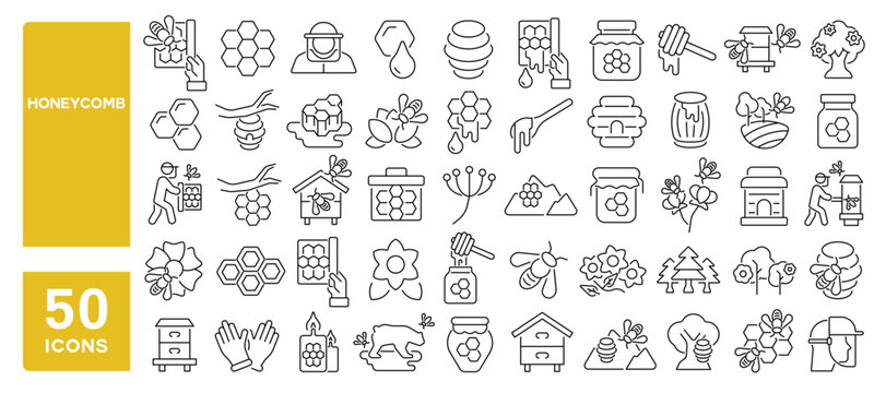 Set of 50 line icons related to honeycomb, honey, beekeeper, wax, beekeeping, bumble, bee hive, apiary, apiculture, Editable stroke. Vector illustration