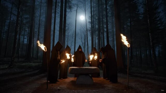 Satan Night ritual in forest under full moon