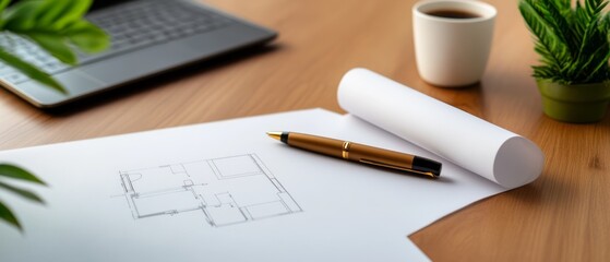 Architectural Design Concept with Blueprints, Modern Workspace and Greenery Ambiance