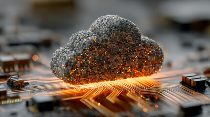 A striking 3D render showcasing a digital cloud emitting streams of data onto a detailed circuit board.  Generative AI
