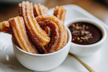 Golden and Crispy Churros Dusted with Sugar Served with Rich Chocolate Sauce Perfect for Dessert Lovers and Special Treat Occasions in a Cozy Cafe Environment