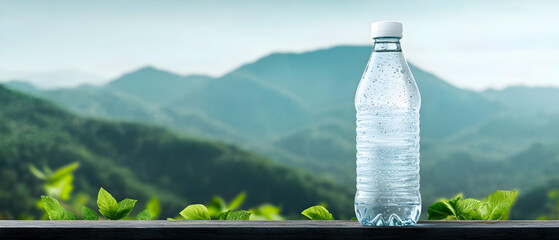 Plastic Water Bottle Against Mountain Landscape