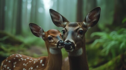 Fototapeta premium Tender Moment Between Fawn and Adult Deer in Lush Forest Setting with Soft Focus