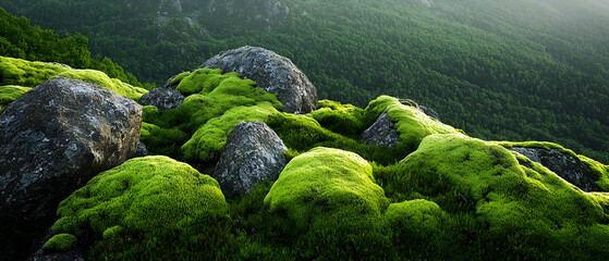 Green Moss Covered Rocks In Forest