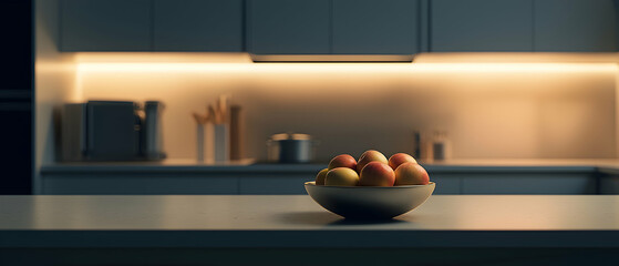 Fruit Bowl On Kitchen Counter With Warm Lighting
