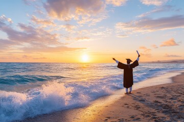 Graduate Celebrating Their Achievement at Sunset on the Beach with the Waves Gently Rolling In and a Vibrant Sky Filled with Colors and Soft Clouds Overhead